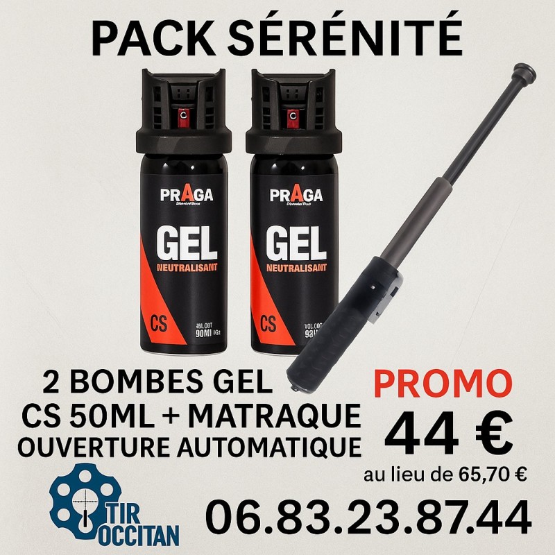 Pack Sérénité – 2 Bombes GEL CS 50ml + Matraque Automatique 52.5 cm | Promotion spéciale