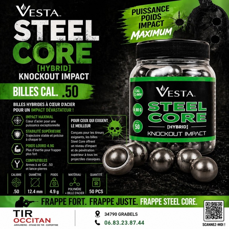 Billes VESTA Steel Core calibre 50 cœur acier 4.9g – projectiles lourds pour armes à air et lance-pierres