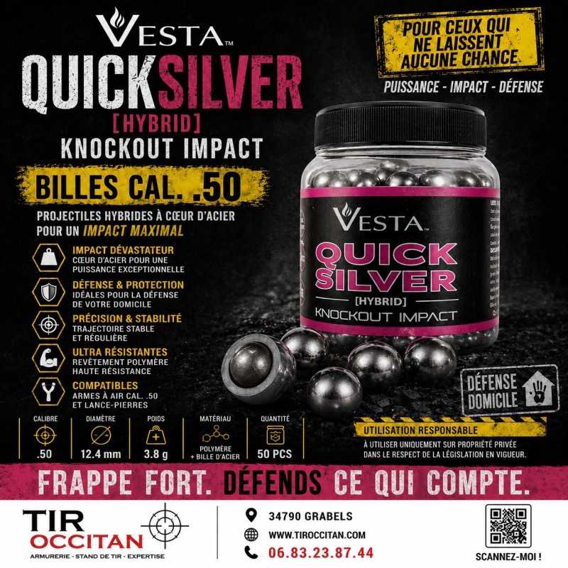 Billes VESTA Quicksilver Cal.50 Hybrid Knockout Impact – x50 Billes Acier & Polymère | Tir Occitan