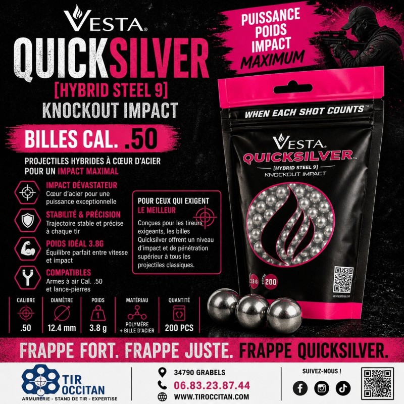 Billes VESTA Quicksilver calibre 50 x200 cœur acier 3.8g – projectiles hybrides pour armes à air