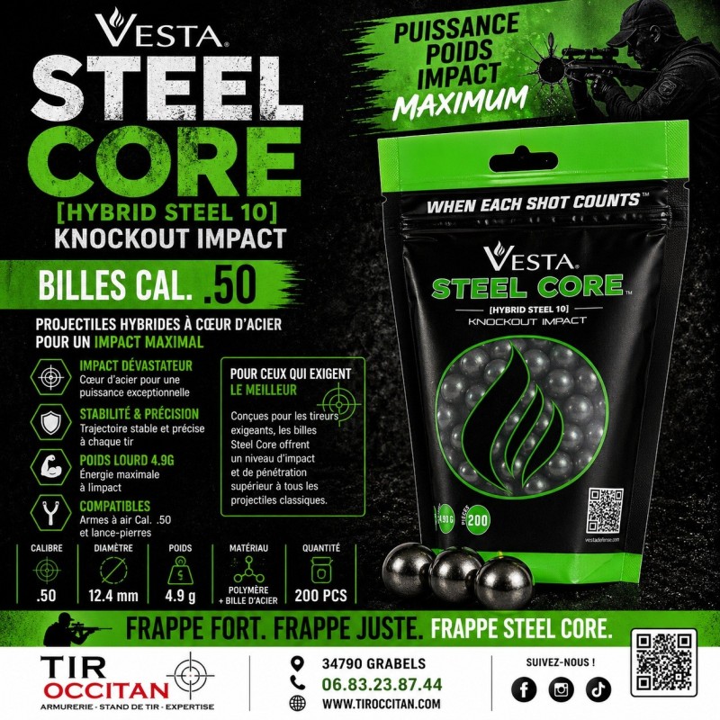 Billes VESTA Steel Core calibre 50 x200 cœur acier 4.9g – projectiles lourds haute puissance