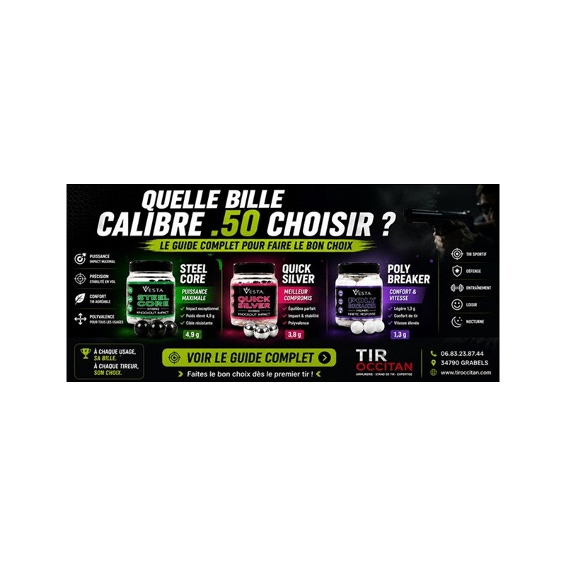 Quelle bille calibre .50 choisir ? Guide complet VESTA, PRAGA, Steel Core, Quicksilver | Tir Occitan