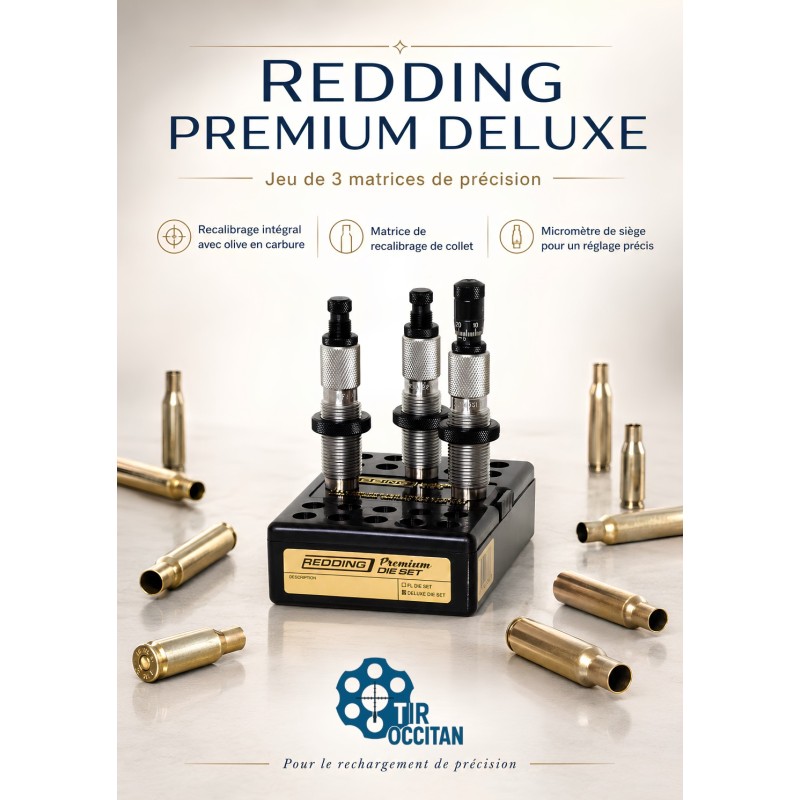 Jeu d’outils Redding Premium Deluxe 3 matrices avec micromètre de positionnement pour rechargement de précision