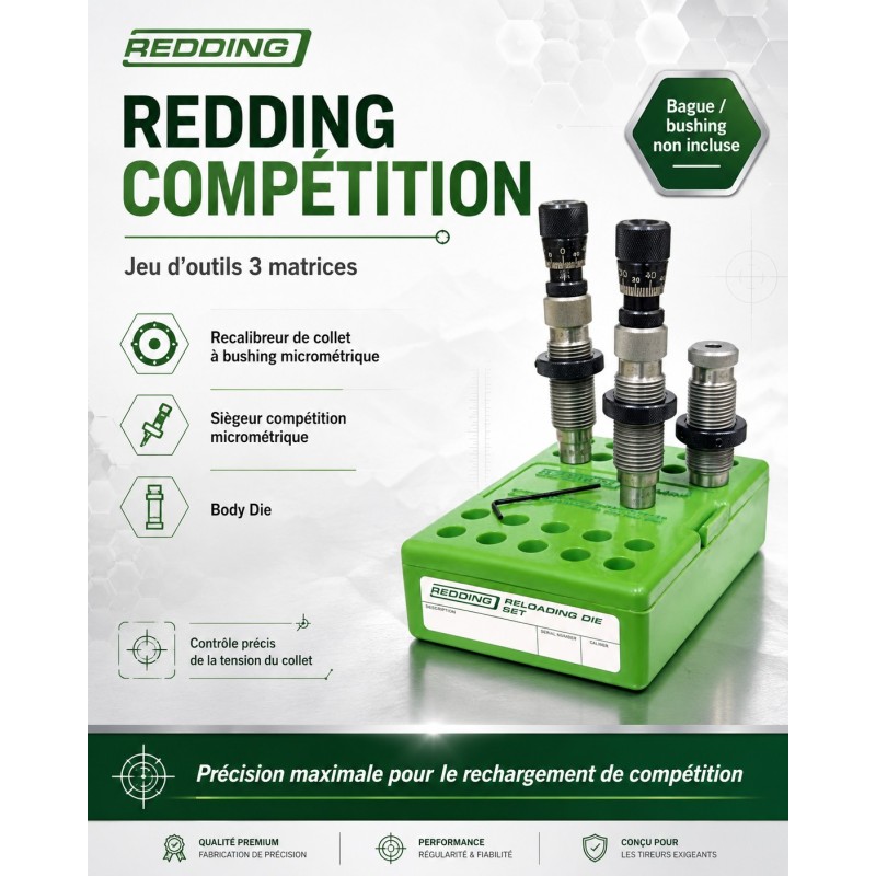 J.O Redding Competition Bushing Neck Die Set – recalibrage de collet compétition, Body Die et siègeur micrométrique