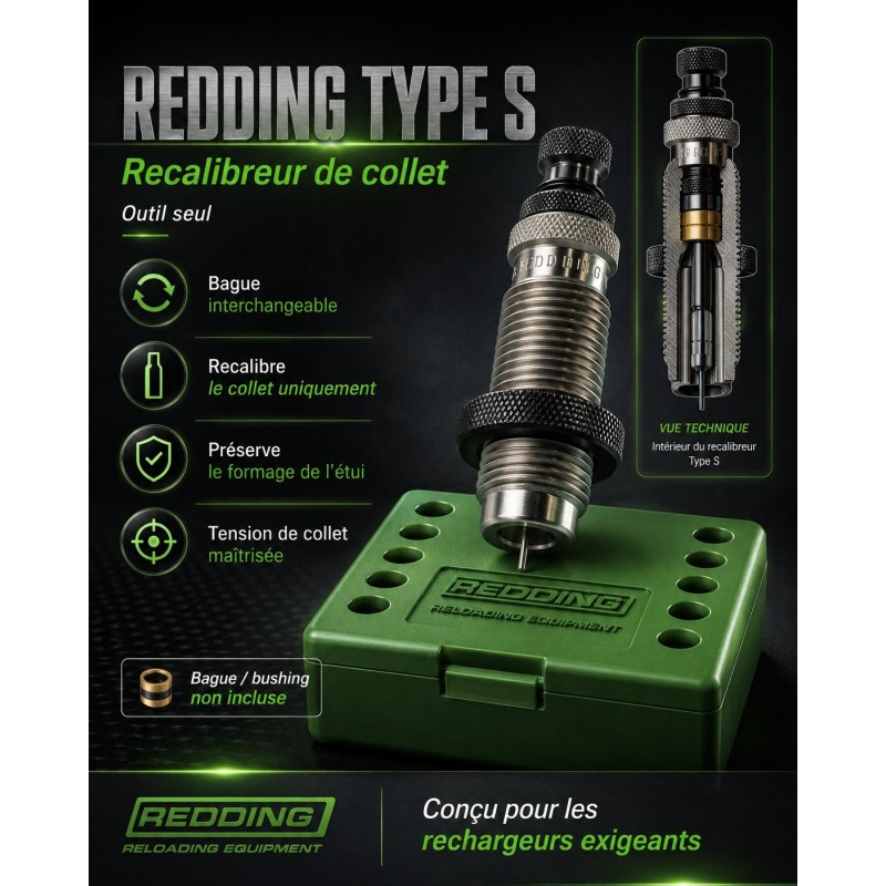 Recalibreur de collet Redding Type S à bushing sur boîte verte pour rechargement de précision